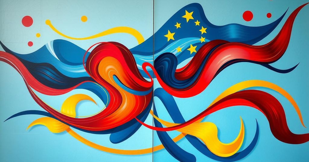 Colorful abstract depiction of political discussions and collaboration between Mexico and the US, emphasizing unity.