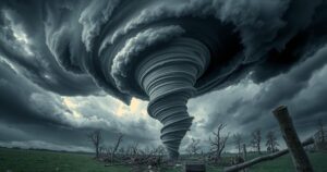 Dramatic tornado swirling amidst dark storm clouds over devastated landscape with fallen trees and debris