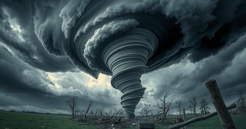 Dramatic tornado swirling amidst dark storm clouds over devastated landscape with fallen trees and debris