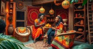 A vibrant scene representing a cultural exchange event with traditional African art elements and warm color tones.