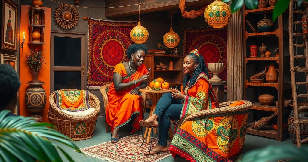 A vibrant scene representing a cultural exchange event with traditional African art elements and warm color tones.