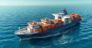 A car carrier loaded with electric vehicles on the ocean, depicting transportation and trade concepts in a vibrant blue color scheme.