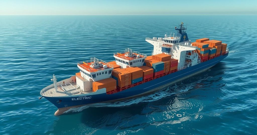 A car carrier loaded with electric vehicles on the ocean, depicting transportation and trade concepts in a vibrant blue color scheme.
