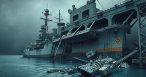 A dramatic ship launch ceremony is halted, showcasing a warship half-submerged in water amid chaos.