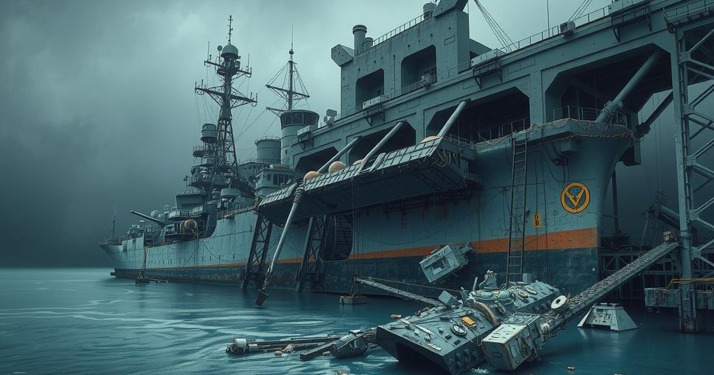 A dramatic ship launch ceremony is halted, showcasing a warship half-submerged in water amid chaos.