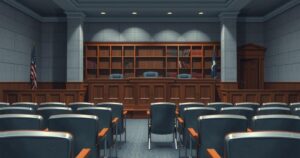 A solemn courtroom scene with high-security measures and law enforcement presence, conveying serious legal proceedings.