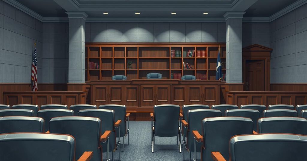 A solemn courtroom scene with high-security measures and law enforcement presence, conveying serious legal proceedings.