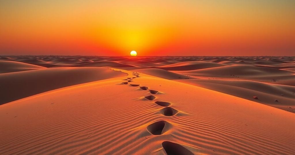 Desert landscape with footprints leading towards horizon under a vibrant sunset sky in warm tones.