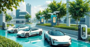 Electric vehicles showcased in urban setting, highlighting innovation and sustainability in transportation.