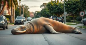 A large elephant seal resting on a suburban street surrounded by greenery and parked cars.