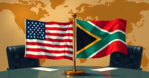 A tense diplomatic meeting scene with two flags and an abstract representation of trade disputes and global alliances.