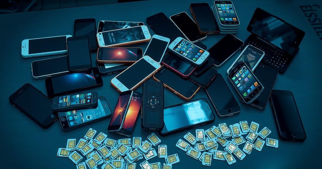 Police confiscated smartphones and SIM cards from a fraud investigation, showcasing crime prevention efforts.