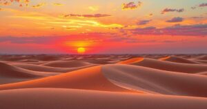 A scenic view of desert landscapes symbolizing diplomatic efforts in the Middle East, with surreal sunset colors.