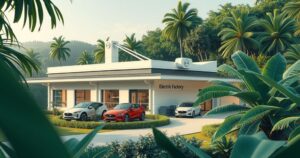 A serene Brazilian landscape featuring a modern electric vehicle factory nestled among lush greenery.