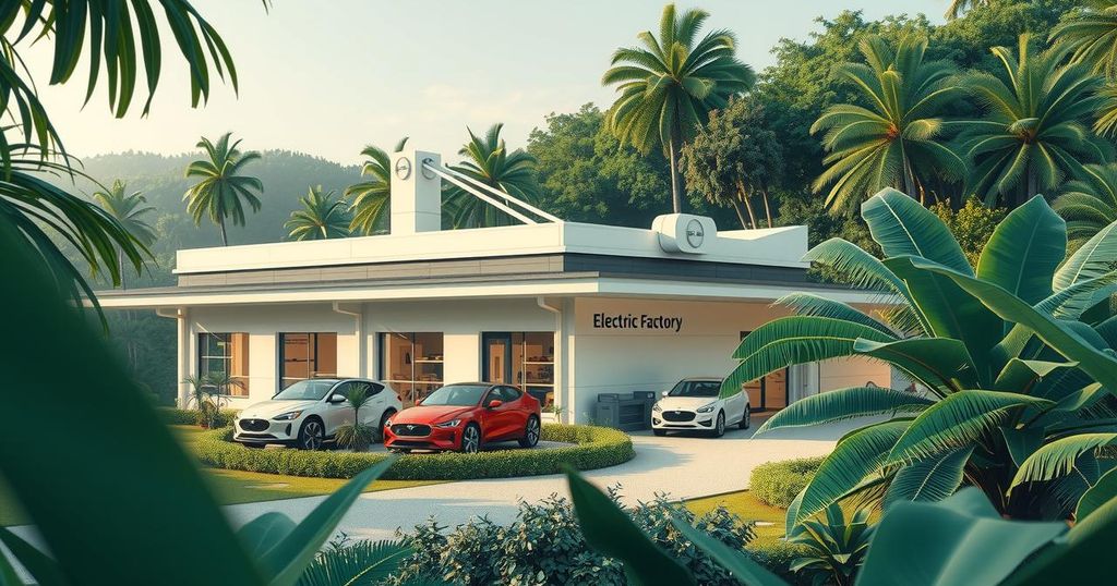 A serene Brazilian landscape featuring a modern electric vehicle factory nestled among lush greenery.