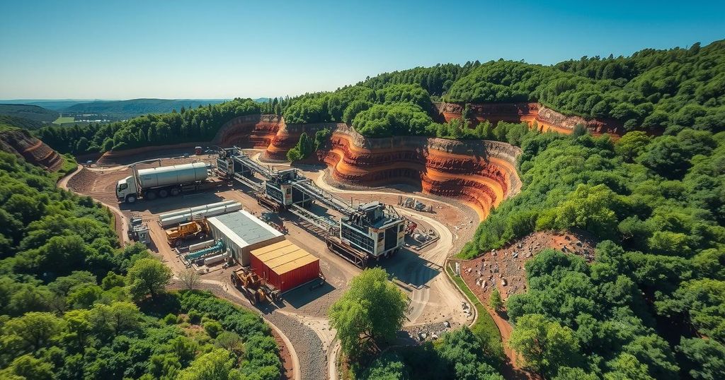 An aerial view of a rare-earth mining site in Brazil surrounded by lush green landscape under a blue sky.