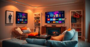 A cozy living room setting featuring a TV with vibrant streaming content, warm lighting, and comfortable seating.