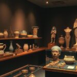 Ancient Egyptian artifacts displayed in a museum with warm earth tones and detailed carvings.