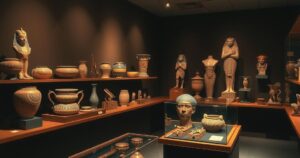 Ancient Egyptian artifacts displayed in a museum with warm earth tones and detailed carvings.