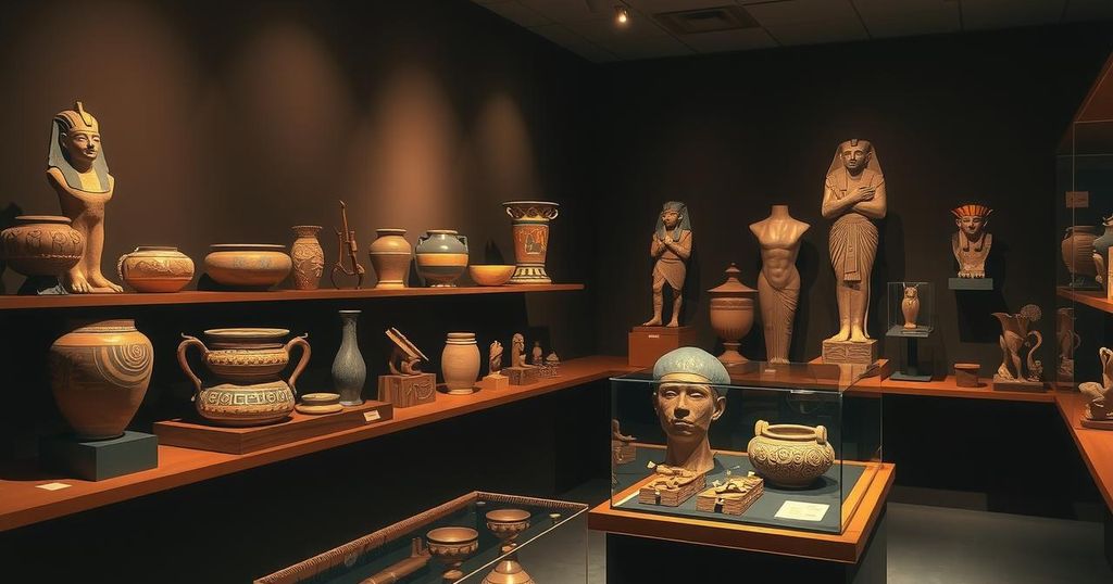 Ancient Egyptian artifacts displayed in a museum with warm earth tones and detailed carvings.