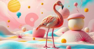 A colorful artistic portrayal of a flamingo in a desert landscape, symbolizing mystery and creativity.