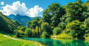 Natural landscape showcasing diverse ecosystems with vibrant greenery and clear skies, reflecting climate balance.