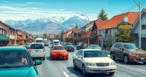 Increase in car imports to Kyrgyzstan highlighted by various cars on a busy road with mountain backdrop.