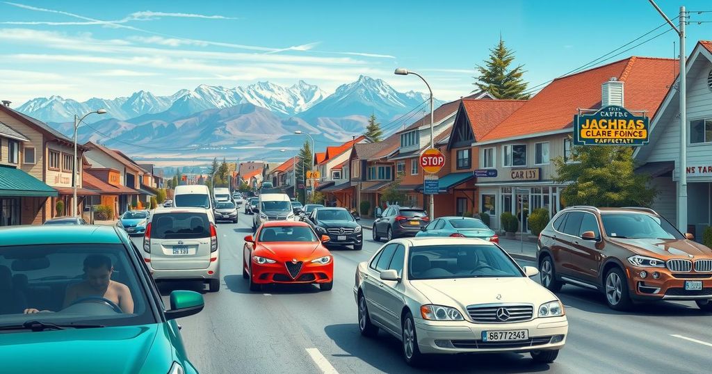 Increase in car imports to Kyrgyzstan highlighted by various cars on a busy road with mountain backdrop.