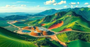 Vibrant lithium-rich deposits in Sierra Leone amidst lush greenery symbolizing new clean energy opportunities.