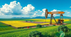 Venezuela oil field with Chevron branding and green landscapes under a blue sky, symbolizing energy plans.