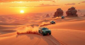 Desert landscape featuring racing cars driving on sandy terrain under a vibrant sunset sky.