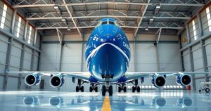 A Boeing 747-8 luxury jetliner in a modern hangar, showcasing sleek design and vibrant blue and silver colors.