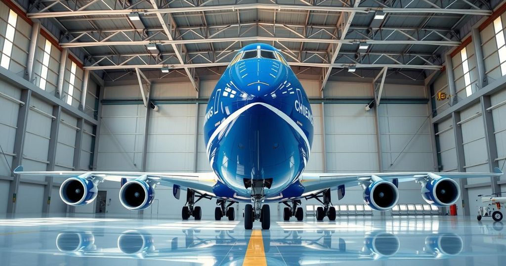 A Boeing 747-8 luxury jetliner in a modern hangar, showcasing sleek design and vibrant blue and silver colors.