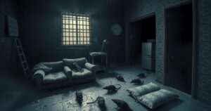 An overcrowded prison cell showing filthy conditions with barred windows and rats, illustrating harsh incarceration.