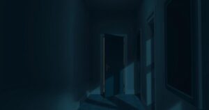 A tense hotel corridor with an empty door and ominous shadows, reflecting a situation of fear and uncertainty.