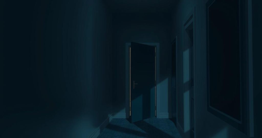 A tense hotel corridor with an empty door and ominous shadows, reflecting a situation of fear and uncertainty.