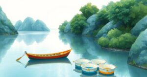 Colorful illustration depicting a calm water scene with a fishing boat and empty containers, evoking a serene atmosphere.