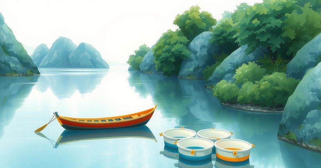 Colorful illustration depicting a calm water scene with a fishing boat and empty containers, evoking a serene atmosphere.