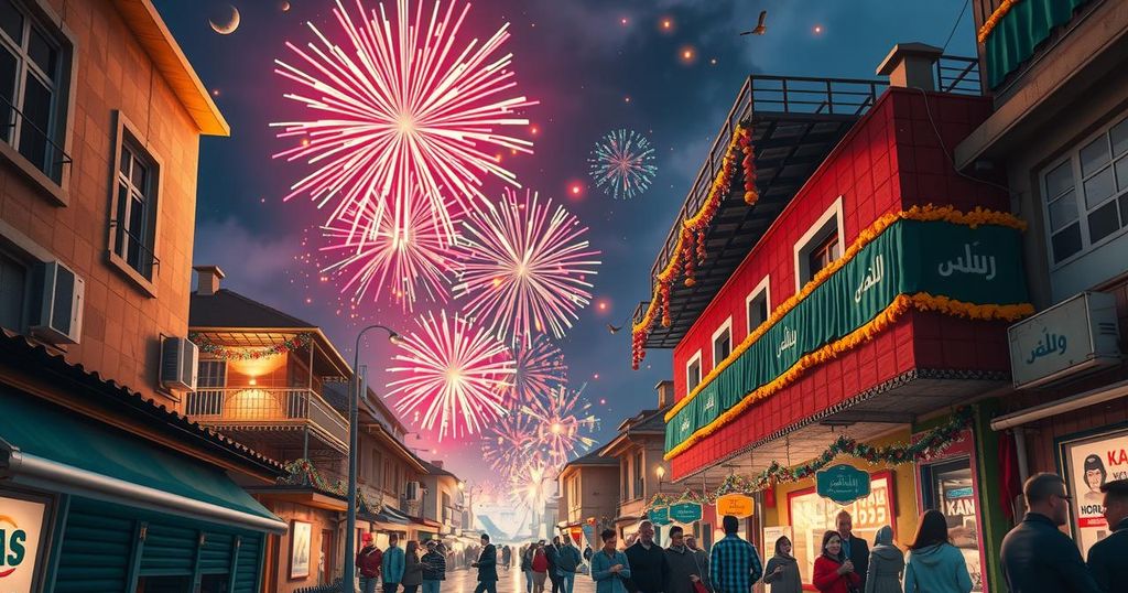 Colorful celebration in Syrian streets with fireworks and festive atmosphere after sanctions relief announcement.