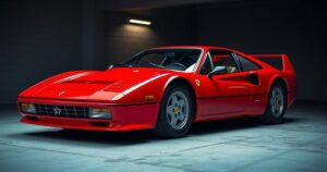 A red Ferrari 512 TR parked in a garage, showcasing its classic design and sleek lines under ambient lighting.