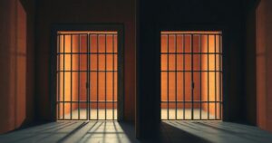 Two prison cells illuminated by soft light, symbolizing justice and accountability in a solemn atmosphere.