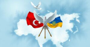 Two flags crossed over a map depicting Turkey and Ukraine with a subtle background of a dove, symbolizing peace talks.