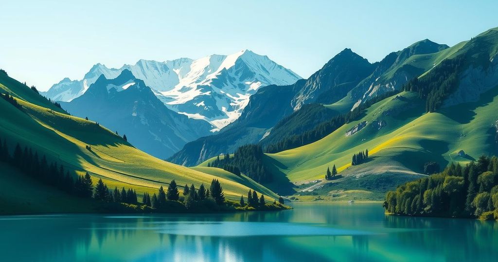 An abstract design featuring Switzerland's landscapes and symbols, using blue and green colors to reflect harmony.
