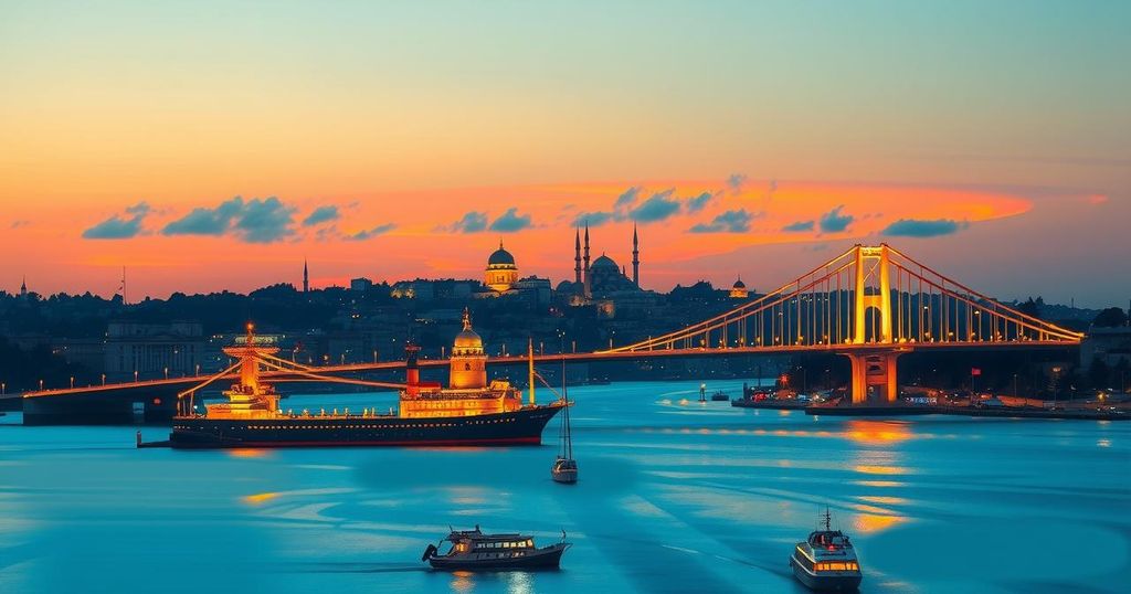 A tranquil Istanbul skyline at dusk with the Bosphorus Bridge lit up, symbolizing potential peace talks between nations.