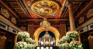 A vibrant scene of a grand wedding venue decorated in gold and black with elegant floral arrangements.