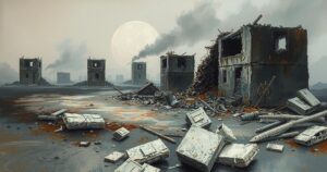 A dark, dramatic landscape depicting ruins and scattered debris in a war-torn environment with a muted color palette.