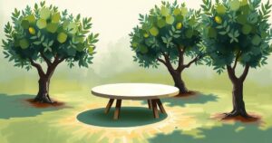 A peaceful meeting under olive trees, symbolizing hope for resolution in international diplomacy, soft colors, tranquil setting.