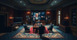 The Oval Office set up with dimmed lights and a large screen, reflecting a diplomatic encounter.