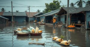A flooded market town in Nigeria with submerged homes and wares, reflecting climate struggles and rainfall challenges.
