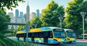 Chinese-made electric buses in Santiago, surrounded by greenery and city skyline, showcasing eco-friendly transport.